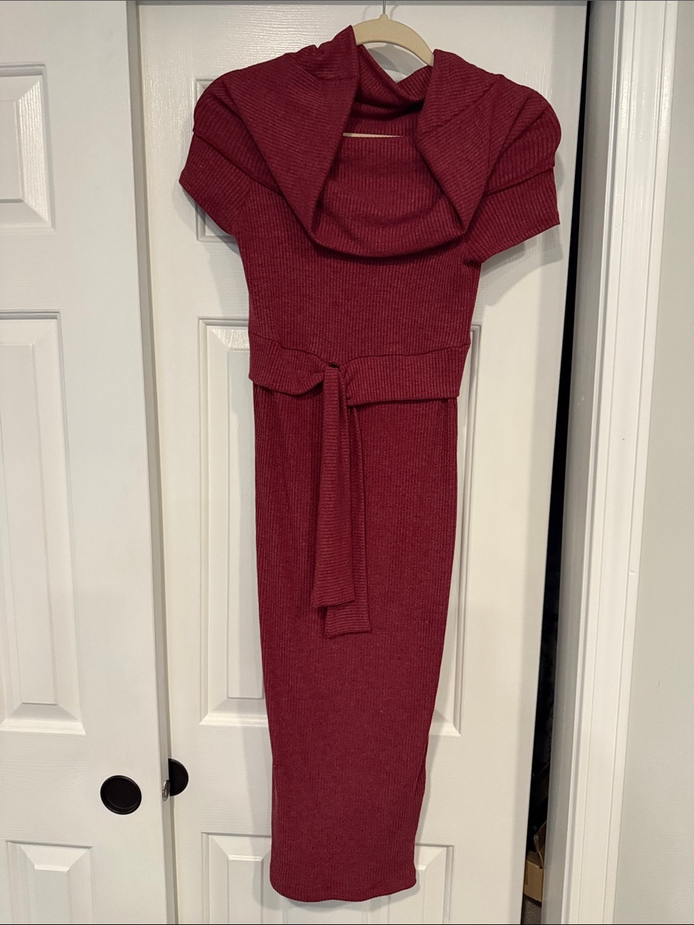 Vici Ribbed Cowl-Neck Belted Midi Dress in Wine Red